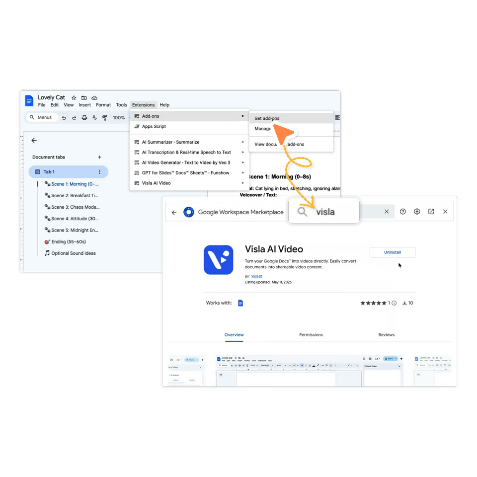 Install the Visla AI Video add-on from the Google Workspace Marketplace
